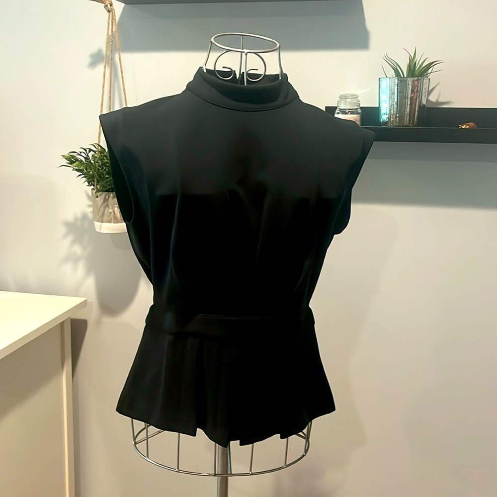 Black Club Monaco high neck, zipped back top.  Size M.